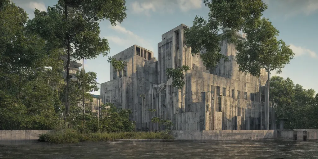 Image similar to an extremely detailed cathedral of brutalist architecture, surrounded by lush green forest, ponds of water, stunning volumetric lighting, sunset, rusted metal, solid concrete, stunning skies, trending on Artstation, 8k, photorealistic, hyper detailed, unreal engine 5, IMAX quality, cinematic, epic lighting, in the style of Greg Rutkowski