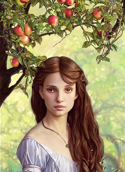 Prompt: well - lit art nouveau portrait of a 1 3 - year old girl wih resembles natalie portman and emily browning looking distressed under an apple tree, natural lighting, path traced, highly detailed, high quality, cartoon, digital painting, by don bluth and ross tran and studio ghibli