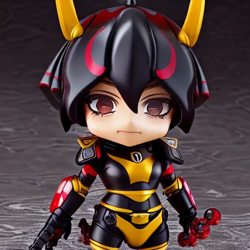 Prompt: wide photograph of cute bee nendoroid with themed crimson - black armor, portrait, hyperdetailed, artstation, cgsociety, 8 k, by tangerine dream