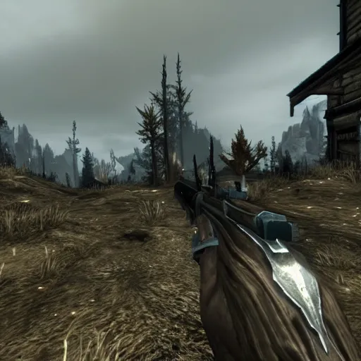 Image similar to skyrim re - imagined as a first person shooter. the player is holding a rifle with a scope.