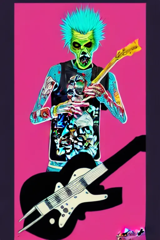 Image similar to risograph of a punk zombie playing guitar, tristan eaton, victo ngai, artgerm, rhads, ross draws, intricated details