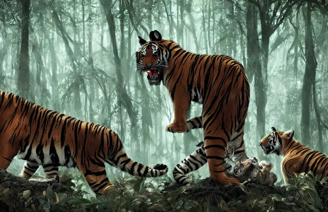Prompt: tigers eating a succubus eaten by tigers in an ancient bioluminescent forest, ana de armas, flawless symmetrical pretty cute face kissing ecstacy, greg rutkowski, 8 k, shallow depth of field, intricate detail, concept art,