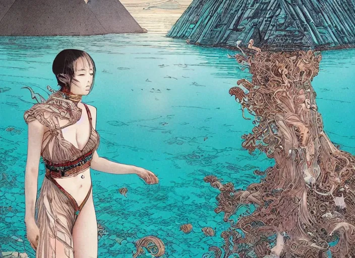 Image similar to lee jin - eun in luxurious dress emerging from turquoise water in egyptian pyramid city during an eclipse by takato yamamoto, nicola samuri, conrad roset, m. k. kaluta, martine johanna, rule of thirds, elegant look, beautiful, chic, face anatomy, cute complexion