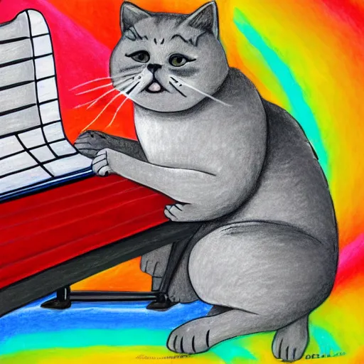 Image similar to anthropomorphic grey british shorthair cat sitting upright playing piano keyboard with abstract musical note background detailed colorful colored pencil drawing in the style of claudia sanchez 4 k