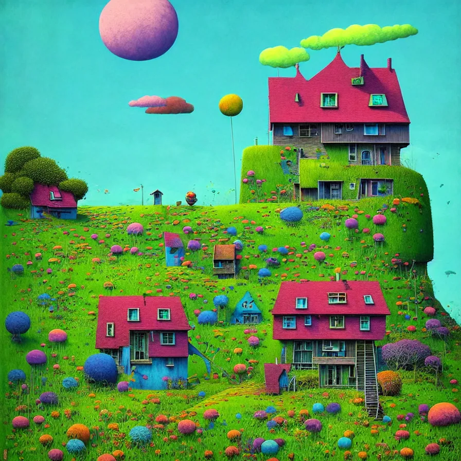 Prompt: surreal glimpse into other universe, a house on an island, summer morning, very coherent and colorful high contrast, art by!!!! gediminas pranckevicius!!!!, geof darrow, floralpunk screen printing woodblock, dark shadows, hard lighting, stipple brush technique,