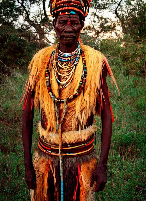 Prompt: full body analogue photo of an African tribal chief, 35mm, f/1.4, Golden Hour light, national geographic, photographed by Martha Cooper,