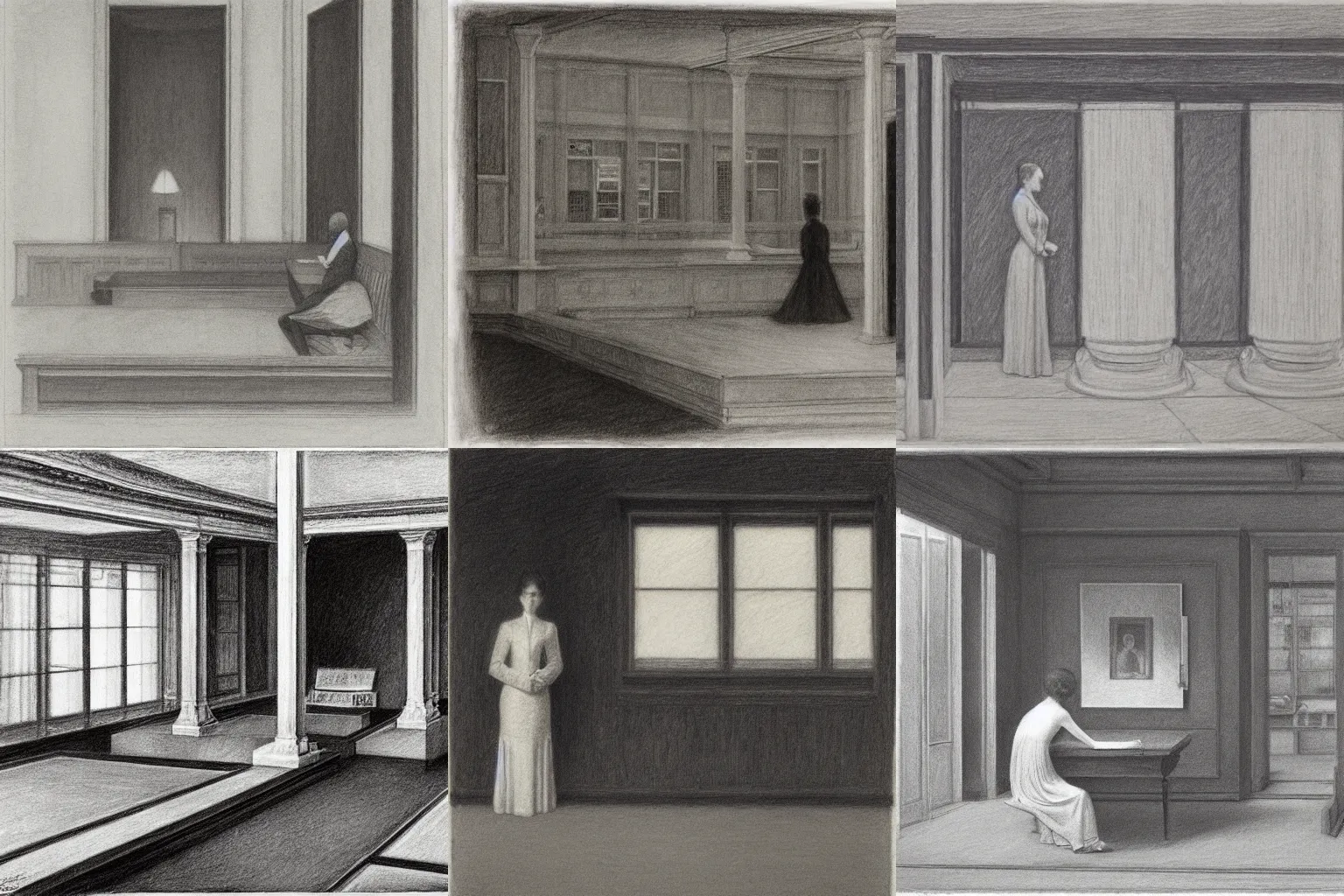 Prompt: union and dissolution. pencil drawing by edward hopper and fernand khnopff