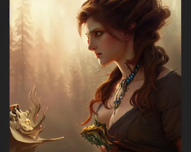 Image similar to supernatural creature disguised as another creature in a camp, deep focus, d & d, fantasy, intricate, elegant, highly detailed, digital painting, artstation, concept art, matte, sharp focus, illustration, hearthstone, art by artgerm and greg rutkowski and alphonse mucha