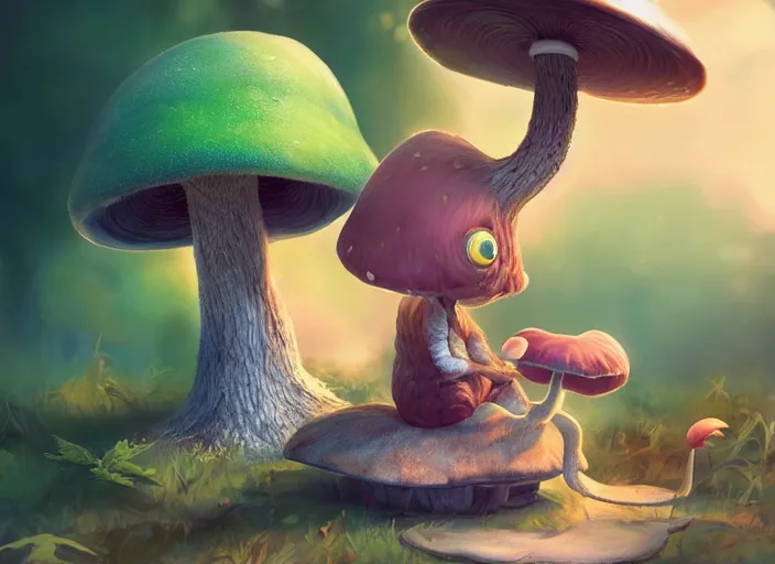 Image similar to a cute creature sitting next to a mushroom, dr seuss very pretty, artgerm lau, wlop, rossdraws, artstation, cgsociety, concept art, octane render, trending on artstation, artstationhd, artstationhq, unreal engine, 4 k, 8 k