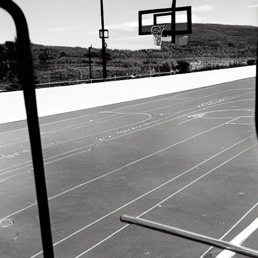 Prompt: film photo of a pool railing next to a basketball net and a retro car