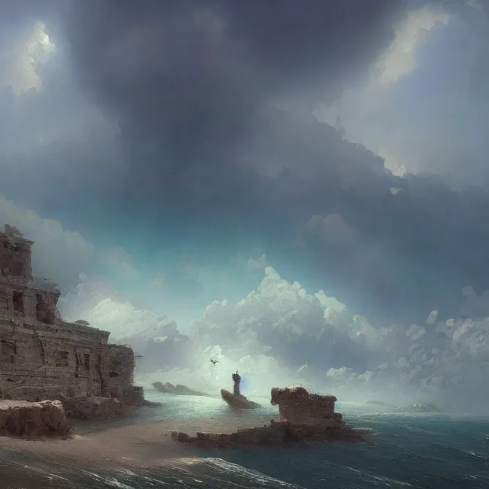 Image similar to a beautiful painting of ruins on the sea by ivan aivazovsky and zdzisław beksinski and rene magritte and greg rutkowski and james gurney, in style of digital art. hyper detailed, sharp focus, soft light. octane render. ray tracing. trending on artstation