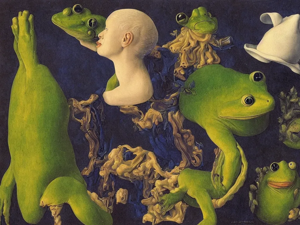 Prompt: Portrait of albino mystic with blue eyes, with beautiful exotic melancholy frog. Painting by Jan van Eyck, Audubon, Rene Magritte, Agnes Pelton, Max Ernst, Walton Ford