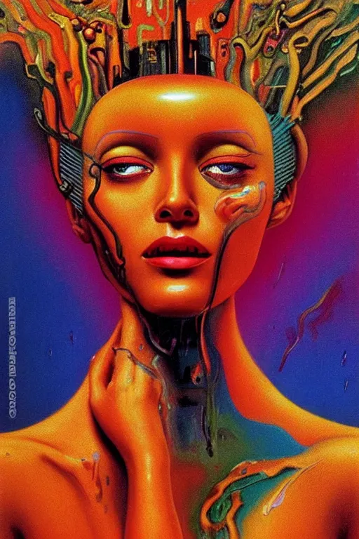 Image similar to 8 0 s art deco close up portait of miss of the world, rain like a dream oil painting curvalinear clothing cinematic dramatic cyberpunk textural fluid lines otherworldly vaporwave interesting details fantasy lut epic composition by basquiat zdzisław beksinski james jean artgerm rutkowski moebius francis bacon gustav klimt