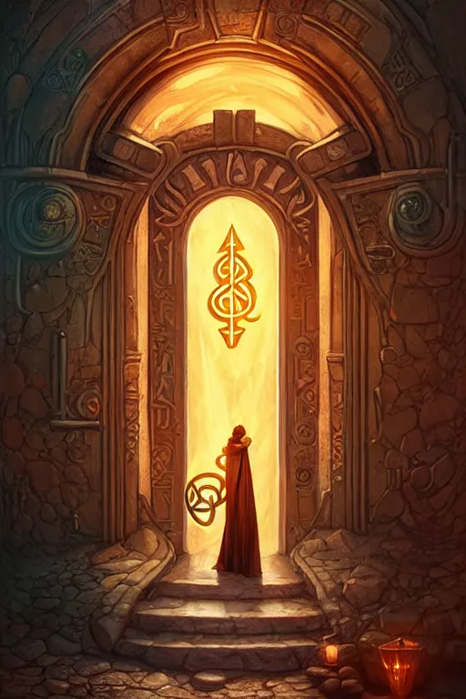 Image similar to an elaborate arched wooden door with glowing runes and a magical keystone. stone steps lead up to the door. by mike allred and moebius and karol bak sharp digital painting. dreaming latent space. matte painting, concept art. artstation. digital render. realistic, 8 k