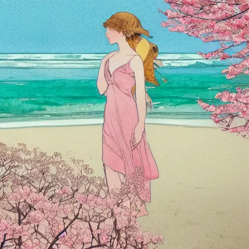 Prompt: a beautiful and inspiring intricate watercolor illustration of a beach landscape view, pink sakura trees growing by the beach, 4 k, ultra - wide angle, by william turner, by victo ngai, by alphonse mucha, by miho hirano, hd, trending on artstation, hyper detailed, muted colors, inspiring, beautiful, paradisiac