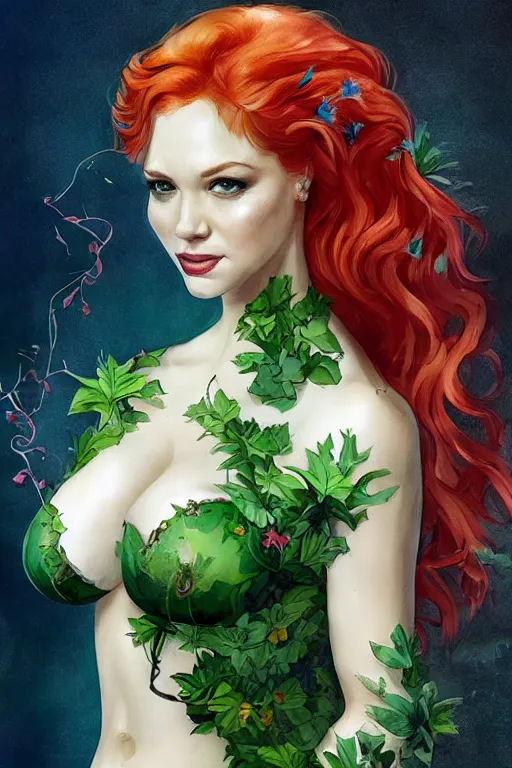 Image similar to three-quarters pose portrait of Christina Hendricks as Poison Ivy, very beautiful young woman, ginger wavy hair, Intricate, nature and flowers tattoos and imagery themed, D&D!, fantasy style, sharp focus!, ultra detailed, art by Artgerm and Peter Andrew Jones, WLUP
