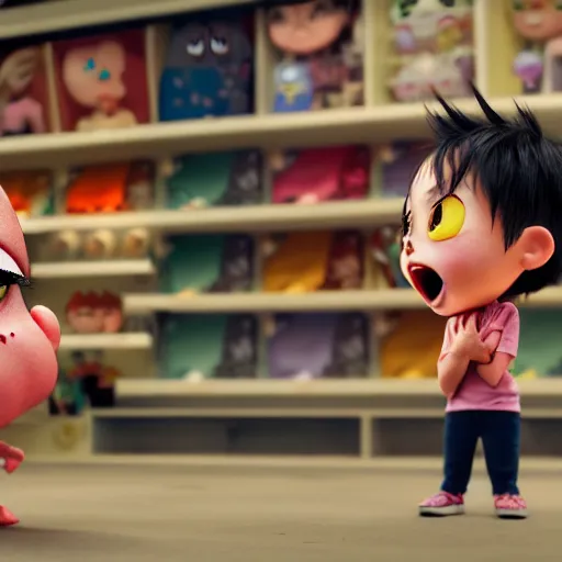 Prompt: an epic chibi comic book style portrait painting of an angry customer yelling at the manager of a clothing store, character design by mark ryden and pixar and hayao miyazaki, unreal 5, daz, hyperrealistic, octane render, cosplay, dynamic lighting, intricate detail, harvest fall vibrancy, cinematic