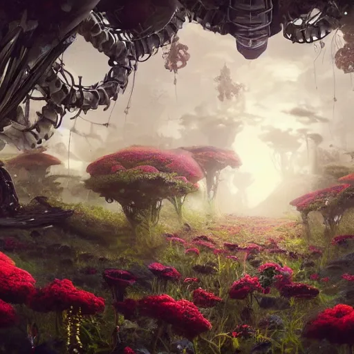 Image similar to intricate bio - mechanical flowers intertwined with human and bio - mechanical organs, intricate environment, matte painting, cinematic, epic composition, highly detailed, atmospheric, wide angle, artstation trending