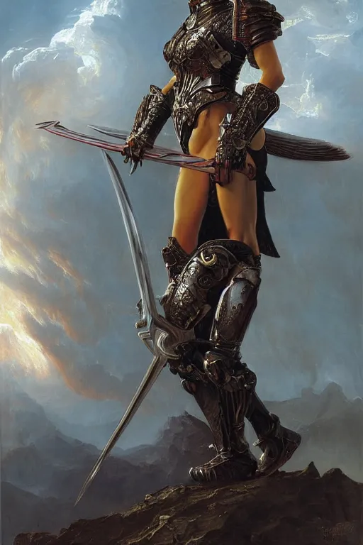 Image similar to a beautiful female angel warrior , half body portrait, blond hair, ornate armour, realistic oil painting by Thomas Cole and Wayne Barlowe and Boris Valejo