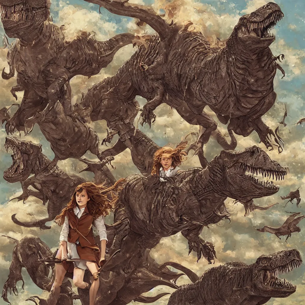 Image similar to hermione granger riding a t - rex, liberty leading the people style, painting