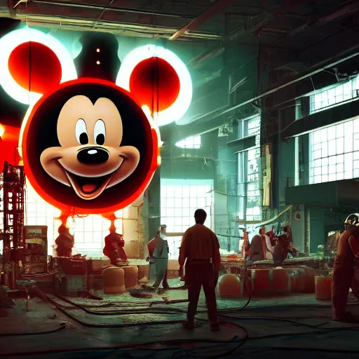 Image similar to a giant mickey mouse head, factory floor, surrounded by factory workers, octane render, cgstation, 3 d render, very detailed, mindblowing, blood and guts, gritty, cyberpunk, cinematic lighting, hyper realism