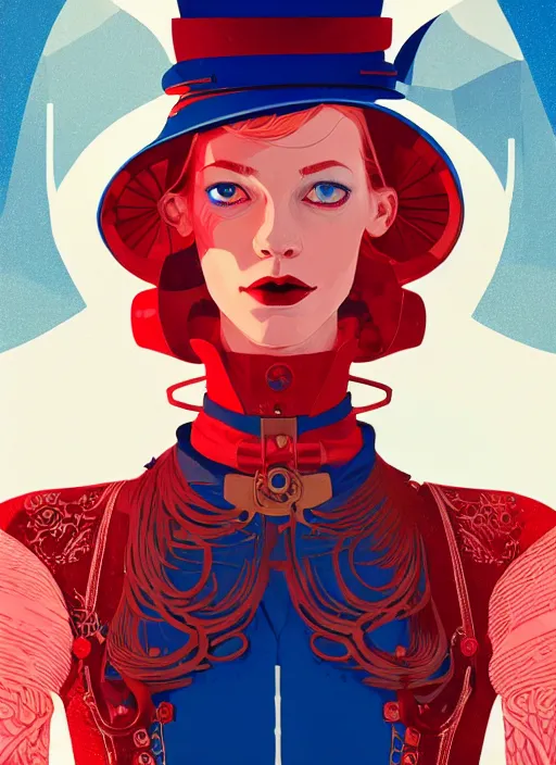 Prompt: portrait of beautiful nordic woman wearing steampunk hat, red tuxedo, blue eyes, artstation winner by victo ngai, kilian eng and by jake parker, by conrad roset, swirly vibrant color lines, winning award masterpiece, fantastically gaudy, aesthetic octane render, 8 k hd resolution