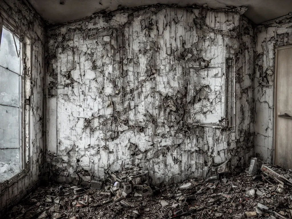 Image similar to the corner of a room in an abandoned building, where a mutant creature lurks, dirty windows, debris, tentacle beast, dust, bleak apocalyptic style, creepypasta, ominous vibe, sharp fangs