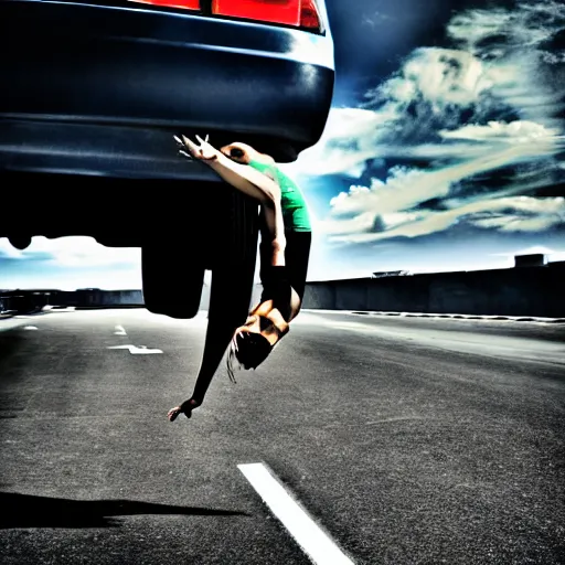 Image similar to car jumping, bodybuilder, woman, holding, photo, digital art, hands, underbody, throw, tire, standing, asphalt, floor