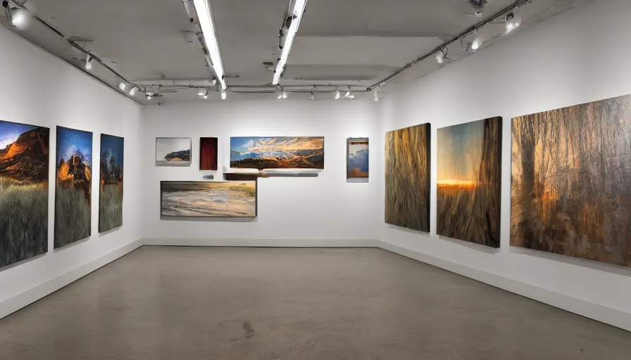 Prompt: photo of robots in a gallery holding paintbrushes against photos of natural landscapes, dramatic lighting, 4 k