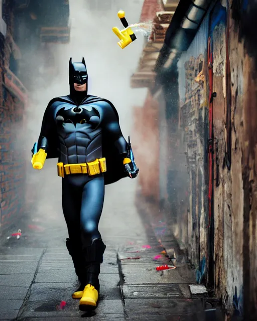 Image similar to happy batman firing super soaker water gun in an alleyway, everyone having fun, toy product advertisement, photography