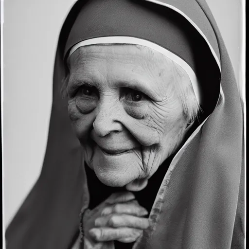 Prompt: antique black and white photograph of an old evil catholic nun, studio lighting, 1 8 7 6, shorpy, hyper detailed