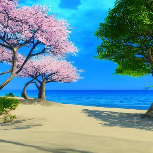 Image similar to very beautiful beach landscape with sakura trees, unreal engine