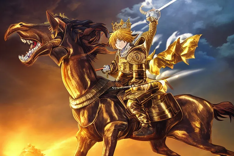 Image similar to an ultra detailed portrait of king richard the lionhearted as a shonen anime protagonist attacking riding a horse in gold armor, 8 k, volumetric lighting, in the style of disney, art by kentaro miura and akira toriyama