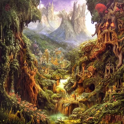 Image similar to a beautiful and highly detailed oil painting of a secret fairy land hidden deep in the lush mountains, wooden structures, intricate details, epic scale, insanely complex, 8 k, sharp focus, hyper realism, fantasy landscape, psychedelic, by caspar friedrich and brian froud,