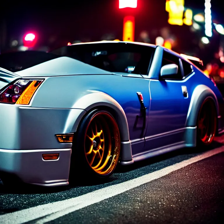 Image similar to close-up-photo Nissan Z32 turbo illegal roadside night meet, deep dish work-wheels, Shibuya Shibuya, cinematic color, photorealistic, highly detailed night photography