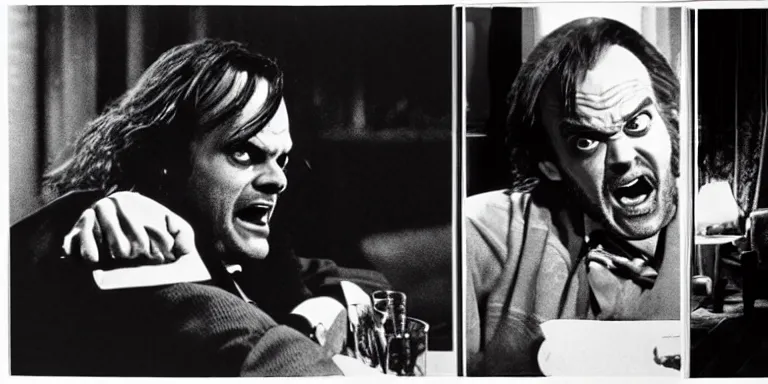 Prompt: photorealistic cinematography of the character jack torrance played by jack nicholson from stanley kubrick's 1 9 8 0 film the shining sitting at the overlook hotel's gold ballroom bar laughing right at the camera shot on 3 5 mm 5 2 4 7 film by the shining cinematographer john alcott on a 1 8 mm cooke panchro lens.