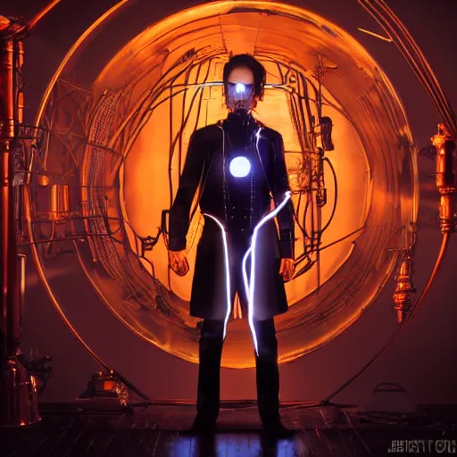 Prompt: Levi Ackerman in a glowing electrical Steampunk suit in a victorian museum, james gurney, cinematic lighting, lots of steam and sparks, wires made of copper, artstation, vibrant nature, Tuomas Korpi, tekkon kinreet, volumetric light, artstation, octane render, redshift render, low angle camera, rich deep moody colors