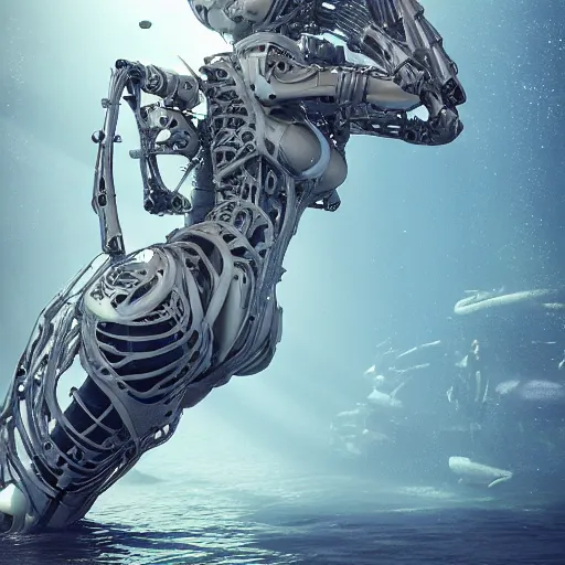 Image similar to biomechanical mecha white mermaid underwater, rays of light. Style of westworld, cables, lights, searchlight, weta digital, octane render, insane details, ultra realistic, beatifully lit, reflections