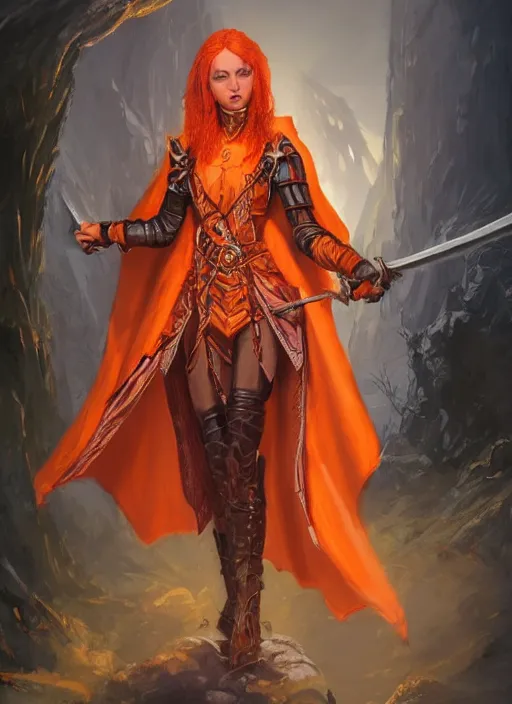 Image similar to dark orange cloak female priest, ultra detailed fantasy, dndbeyond, bright, colourful, realistic, dnd character portrait, full body, pathfinder, pinterest, art by ralph horsley, dnd, rpg, lotr game design fanart by concept art, behance hd, artstation, deviantart, hdr render in unreal engine 5