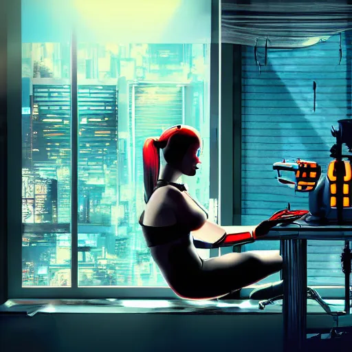 Prompt: cluttered living room wide shot cyberpunk high tech, cool cybernetic girl sitting at table, through the window is a cityscape, dramatic lighting, god rays, music by vangelis