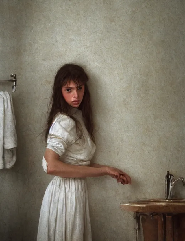 Image similar to portrait of beautiful peasant girl with long hair in a bathroom, minimalistic interior, soviet style, Cinematic focus, Polaroid photo, vintage, neutral colors, soft light, foggy, by Steve Hanks, by Serov Valentin, by lisa yuskavage, by Andrei Tarkovsky 8k render, detailed, oil on canvas