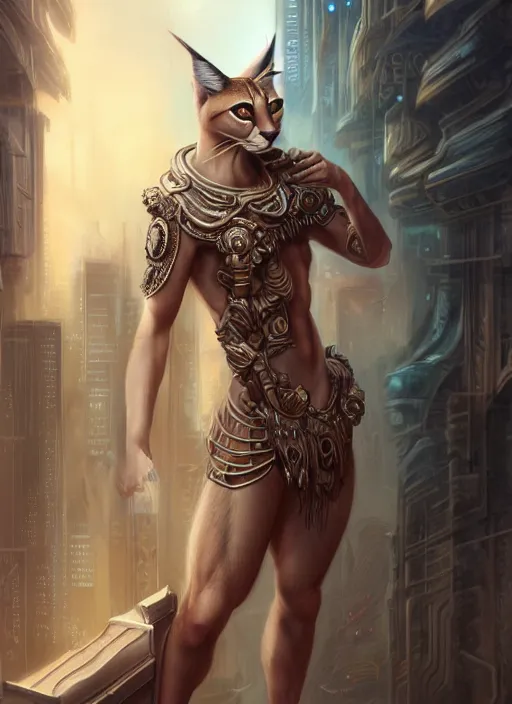 Prompt: cute caracal as apollo ancient greek god, details, fantasy, cyberpunk city, intricate, decadent, highly detailed, octane render, digital painting, artstation, concept art, sharp focus, illustration, art by artgerm, loish, wlop