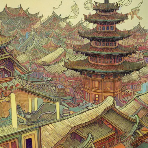 Image similar to a painting of abstract buildings like chinese ancient village houses by alphonse mucha and yves tanguy