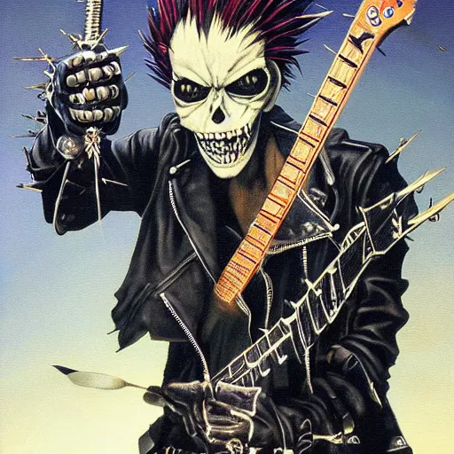 Image similar to a portrait of the grim reaper as a punk rocker playing an electric guitar, punk, skeleton face, mohawk, dark, fantasy, leather jackets, spiked collars, spiked wristbands, piercings, boots, ultrafine detailed painting by frank frazetta and vito acconci and michael whelan and takeshi obata, death note style, oil on canvas