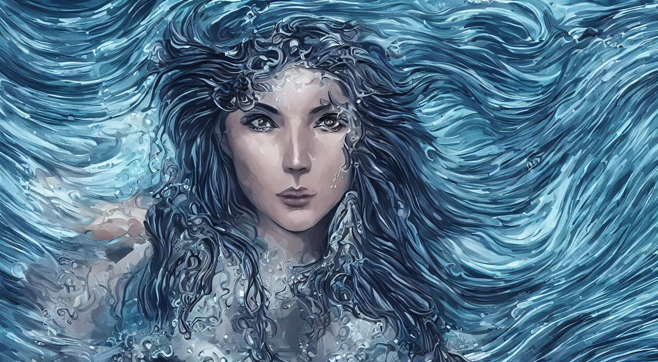 Image similar to goddess of the ocean, beautiful face and dress, background of swirling tidal waves and ancient triremes, naval battle, high contrast digital art, trending on artstation, symmetrical