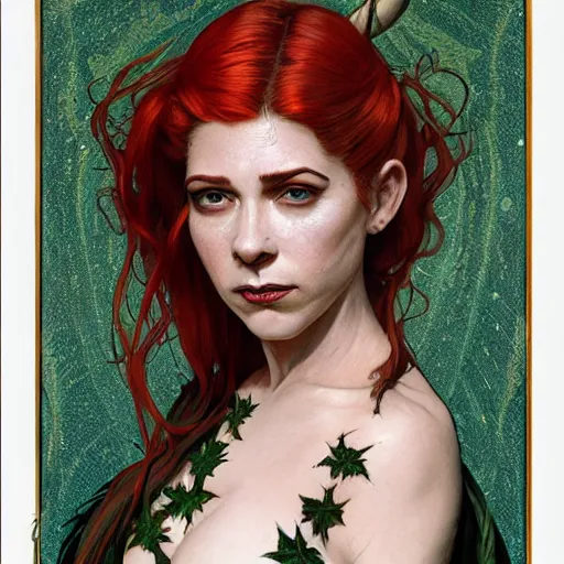 Image similar to a stunningly detailed tarot card of a beautiful alison hannigan dressed as poison ivy with white skin and with hair pulled up in a ponytail, dark eyeliner, intricate, elegant, highly detailed, digital painting, artstation, concept art, sharp focus, illustration, art by greg rutkowski and alphonse mucha