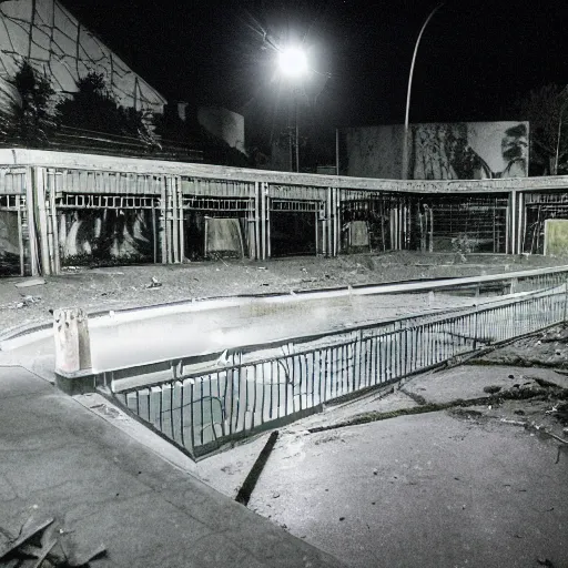 Image similar to a photo of an abandoned water park from the 1 9 9 0 s at night, disposable film