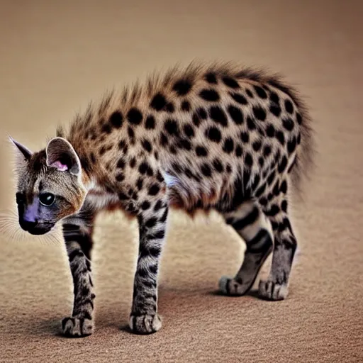 Image similar to a feline cat - hyena - hybrid, animal photography