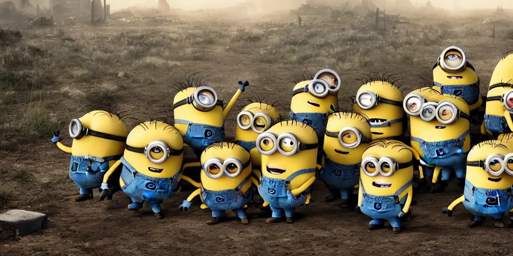 Image similar to minions taking over the world, post-apocalyptic, cinematic, 8k UHD