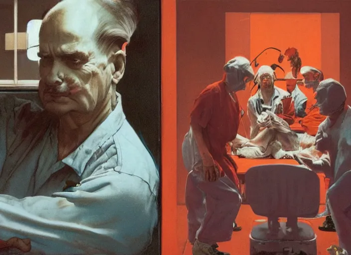 Prompt: a still from the movie one flew over the cuckoo's nest by francis bacon and norman rockwell and james jean, and mark brooks, triadic color scheme, by greg rutkowski, syd mead and edward hopper and norman rockwell and beksinski, dark surrealism, orange and turquoise